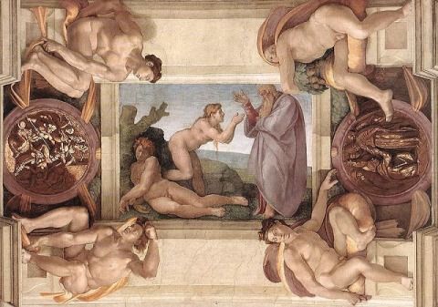 La creacion de Eva: Frescos de la boveda de la Capilla Sixtina de Miguel Angel.