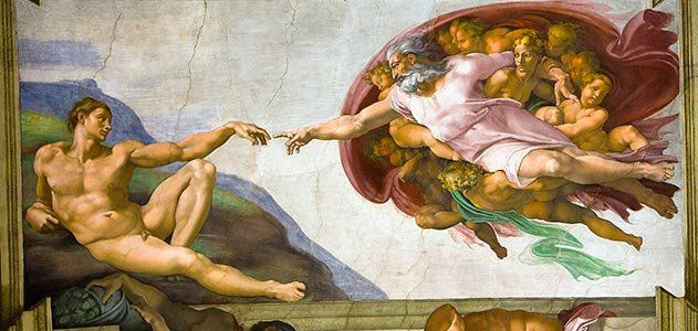 La creación de Adan. Fresco de la boveda de la Capilla Sixtina que pinto Miguel Angel.