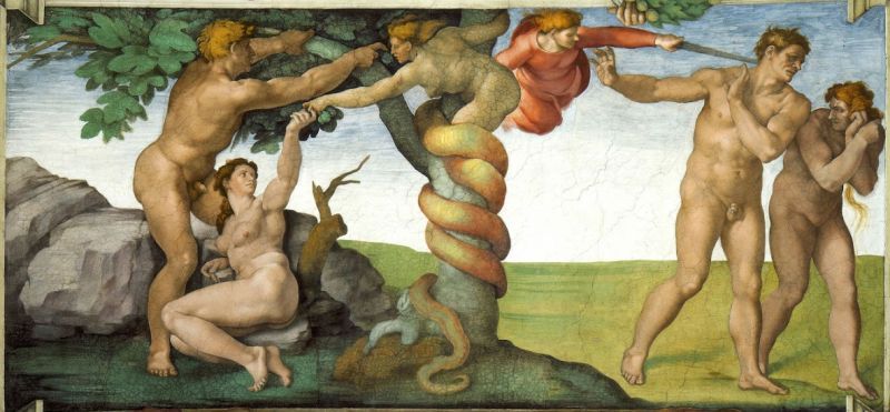 Fresco del pecado original y explusion del Paraiso de Miguel Angel.