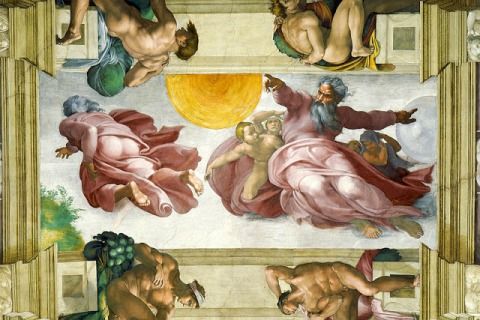 Fresco de la bóveda de la Capilla Sixtina pintado por Miguel Angel.Separación de la luz de la oscuridad. Creación de los astros y las plantas.