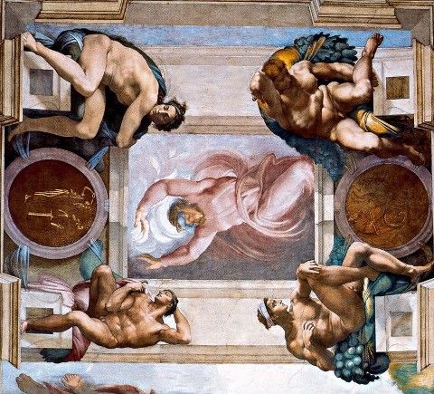 Fresco de la bóveda de la Capilla Sixtina pintado por Miguel Angel.Separación de la luz de la oscuridad.