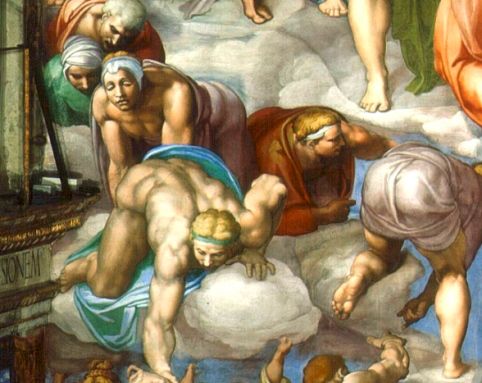 Frescos de la bóveda de la Capilla Sixtina: Varias figuras de hombres semidesnudos sobre las nubes de cielo.