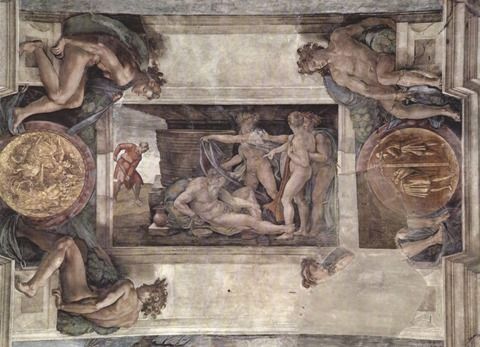 Los 9 frescos de Miguel Angel en la bóveda de la Capilla Sixtina.