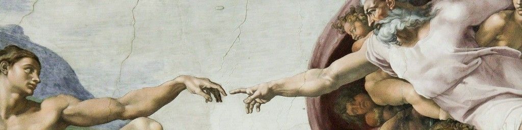 La creación de Adande Miguel Angel. Frescos de la bóveda de la Capilla Sixtina: Dios y el hombre tocan sus dedos, para hacer al hombre a imagen y semejanza de Dios.