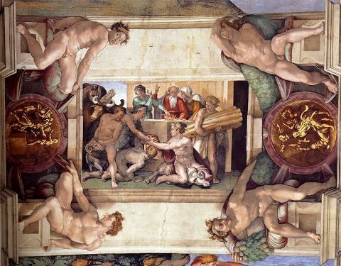 El sacrificio de Noé de Miguel Angel: Fresco de la bóveda de la Capilla Sixtina de Miguel Ángel. Frescos de la bóveda de la Capilla Sixtina: